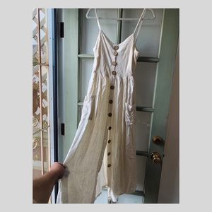 Cream White Sundress with Front Wooden Buttons, Size L